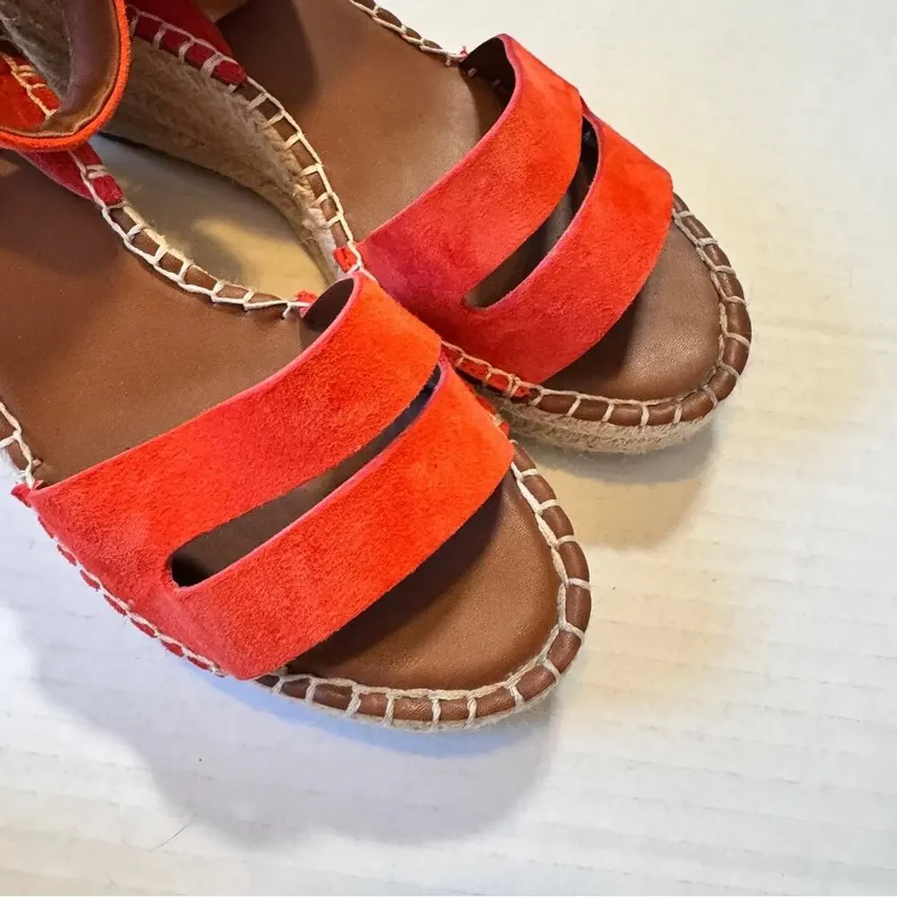 Franco Sarto Orange Leather Espadrille Wedge Sandals Womens 8.5 Platform Beachy